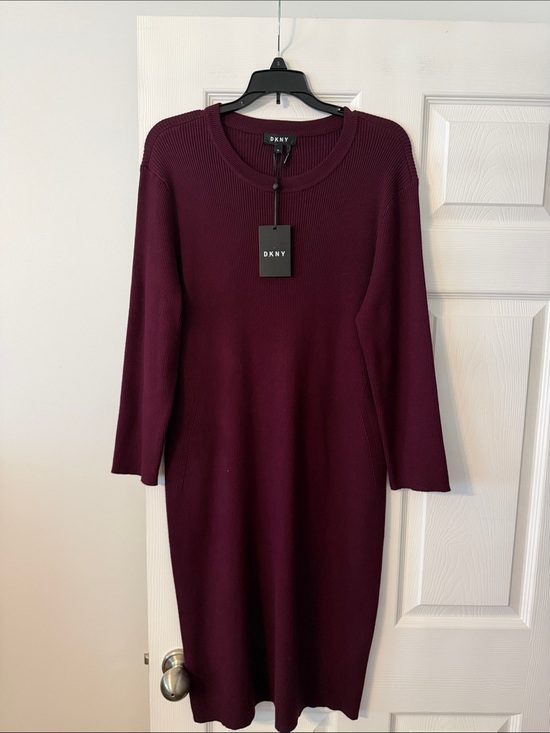 Dkny Dresses & Skirts - DKNY Women's Wine Ribbed Long-Sleeve Midi Knit Dress size XL brand new